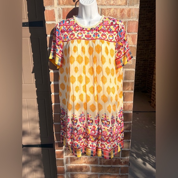 Anthropologie TANVI KEDIA S Caltha Swing DressYellow Red Beaded Boho - Picture 5 of 11